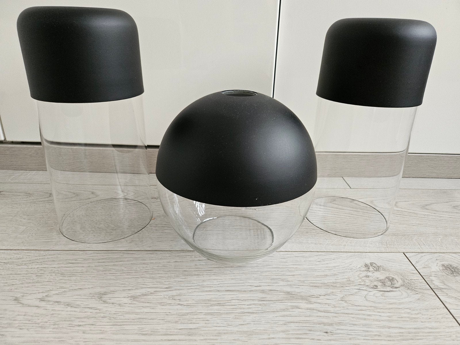 Set van 3 Design Lampenkappen Helder Glas & Matzwart Metaal, Huis en Inrichting, Lampen | Lampenkappen, Hanglamp, Overige vormen