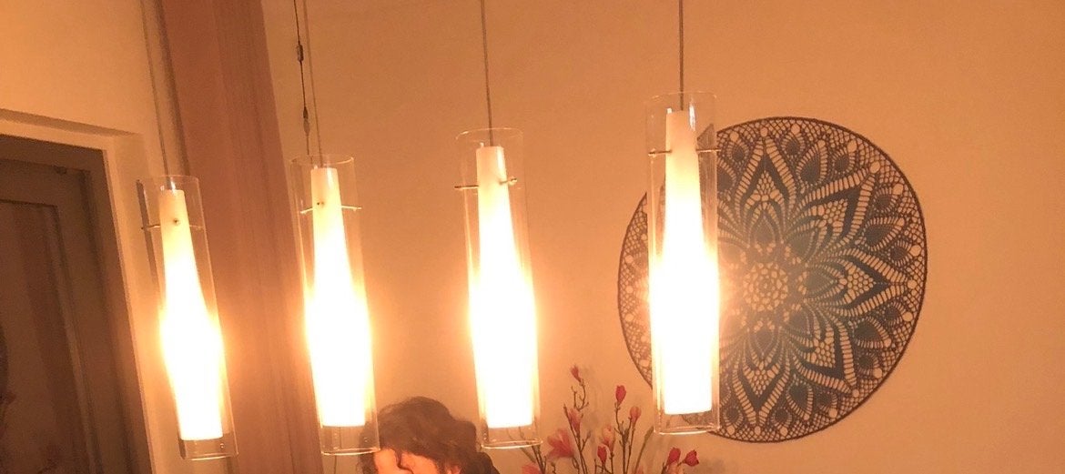 Moderne hanglamp met 4 glazen cilinders, Ophalen of Verzenden, Zo goed als nieuw, Glas, Overige fittingen