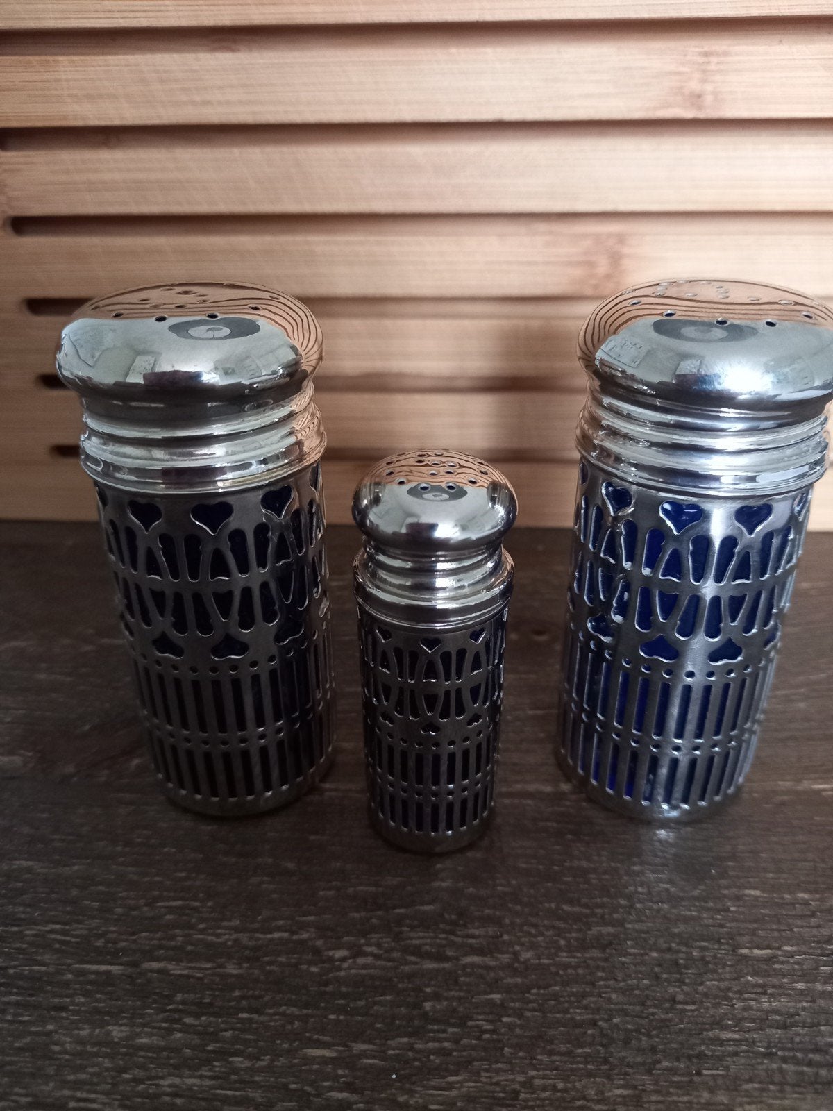 Verzilverd peper en zoutstel met kobaltblauw glas, Ophalen of Verzenden