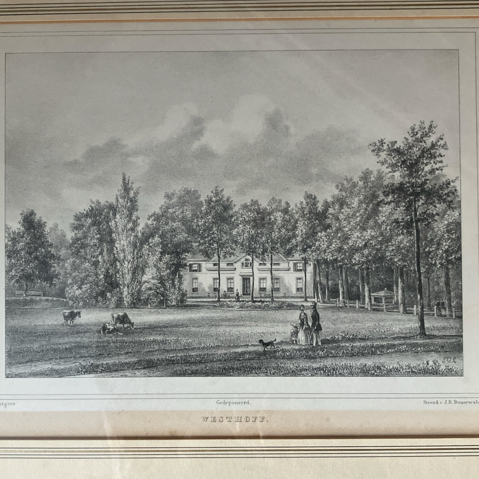 landgoed Westhoff 1855  Lunteren door PJ Lutgers, Ingelijst, 1800 - 1899, Ophalen of Verzenden, Landschap
