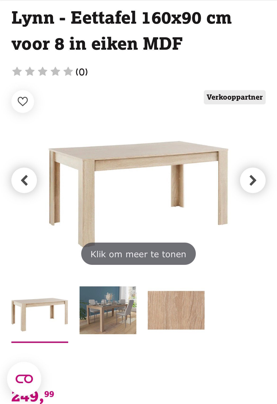 Eattafel Lynn - Eettafel 160x90 cm voor 8 in eiken MDF, Tuin en Terras, Ophalen, Zo goed als nieuw, Veranda