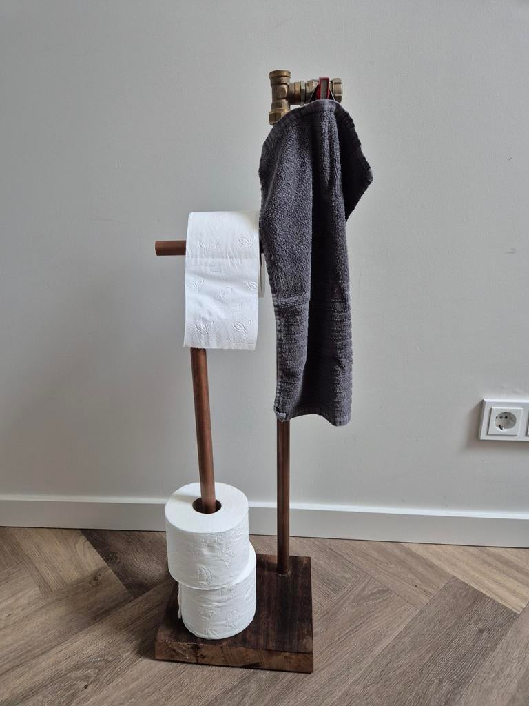 Industriële WC rol houder eiken met koperen buizen, Ophalen, Gebruikt, Bruin, Overige typen
