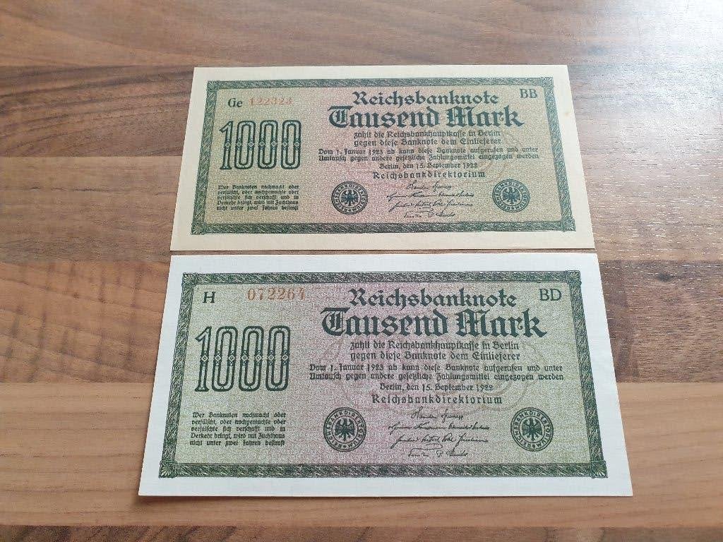 Duitsland 1000 Mark 1922 (2x), Postzegels en Munten, Verzenden, Duitsland, Setje