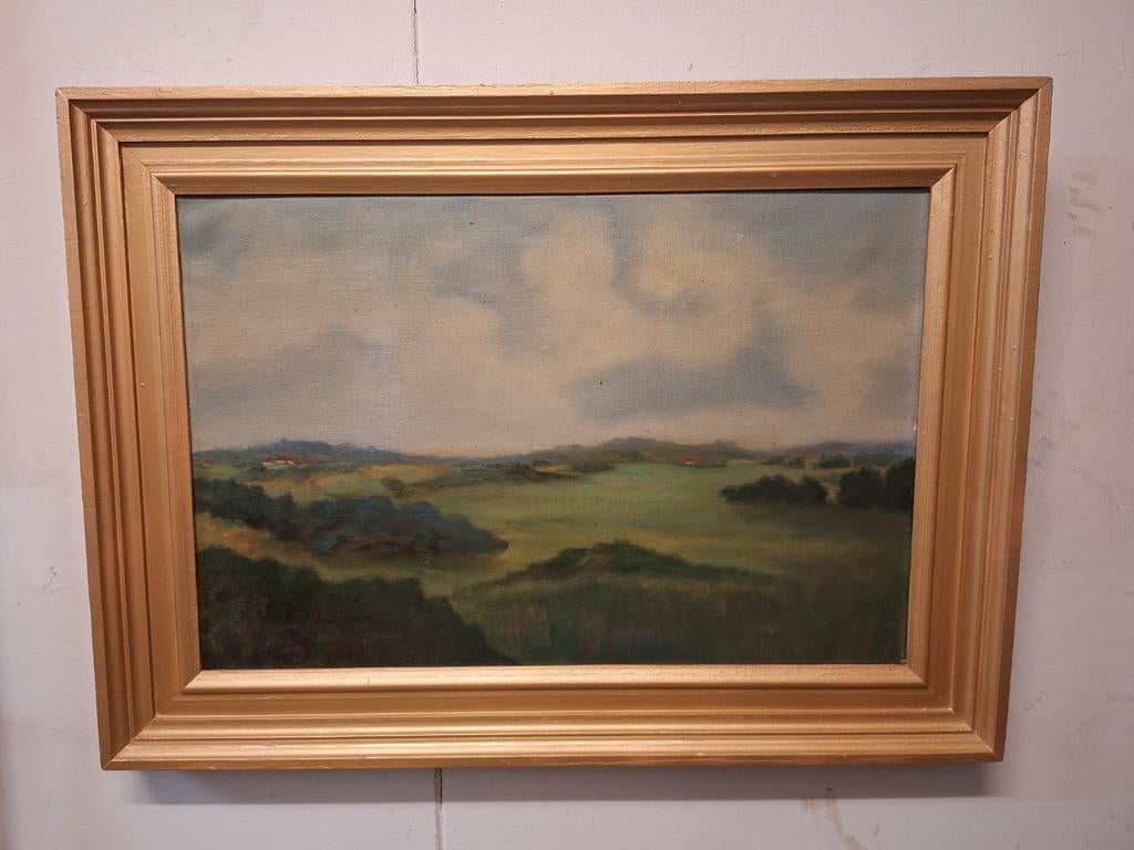 Schilderij: Huizen in duinlandschap, gesigneerd A. de Boer, Antiek en Kunst, Ophalen of Verzenden