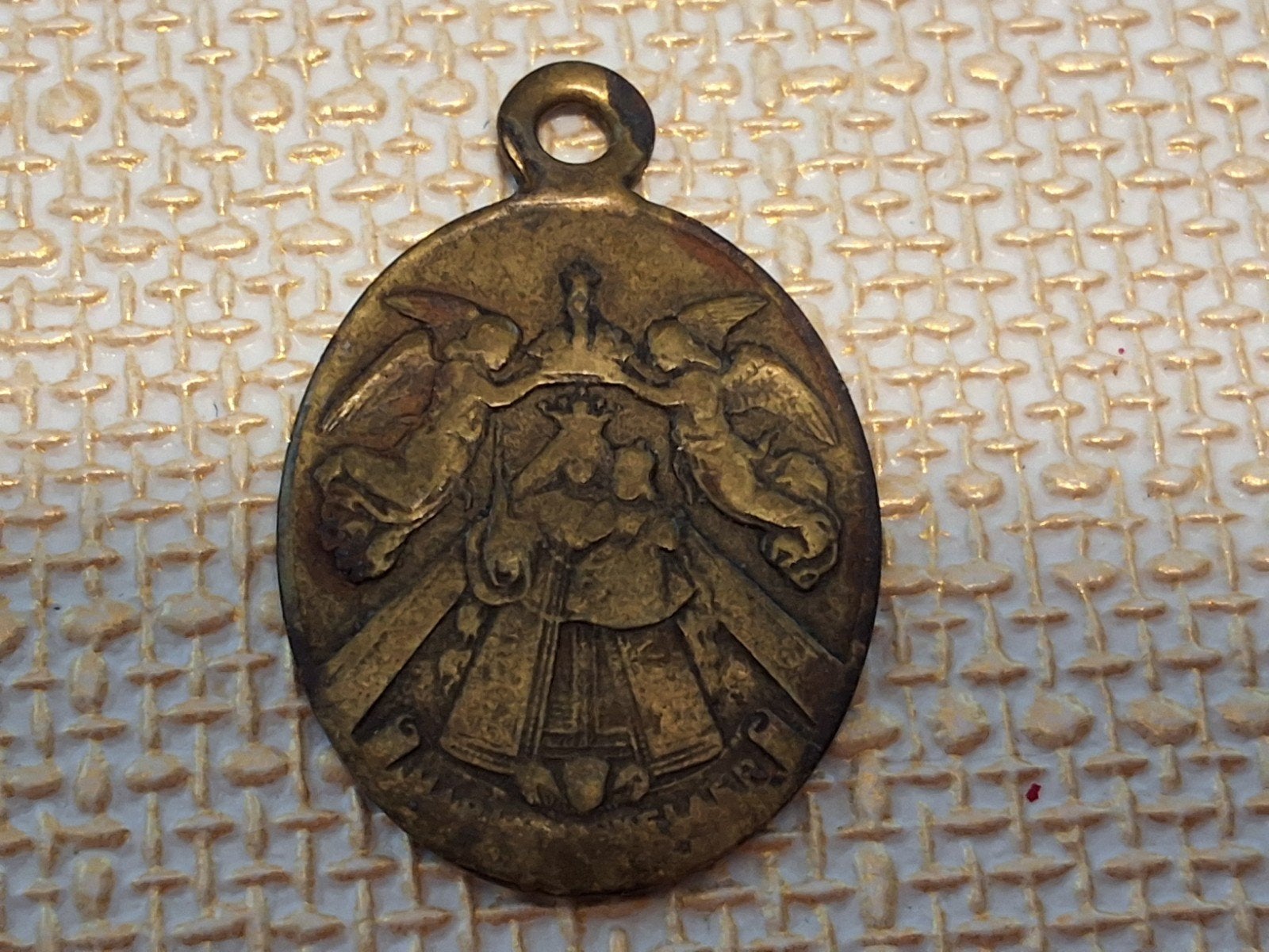 Antieke koperen hanger: Heilige Maagd Maria en Jezus, Ophalen of Verzenden