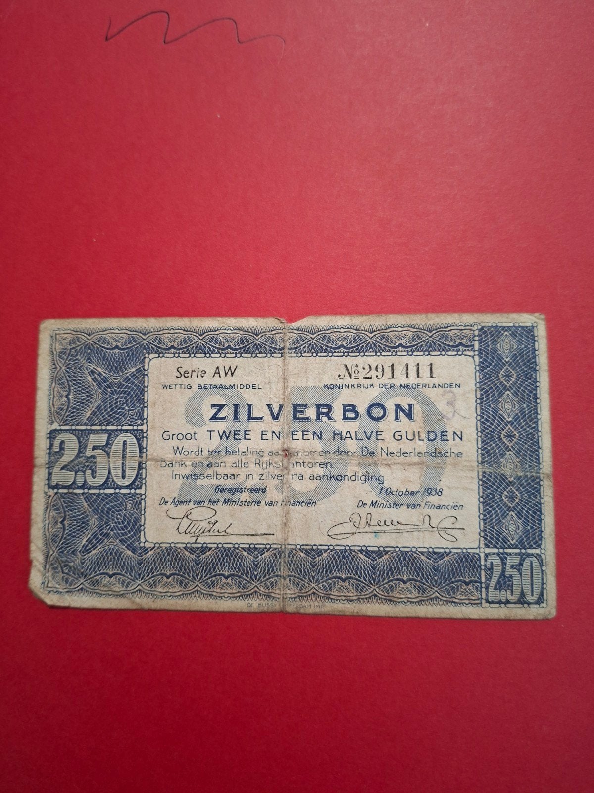 2,5 gulden Zilverbon uit 1938 in ZF-, Postzegels en Munten, Bankbiljetten | Nederland, Ophalen of Verzenden, 2½ gulden, Los biljet