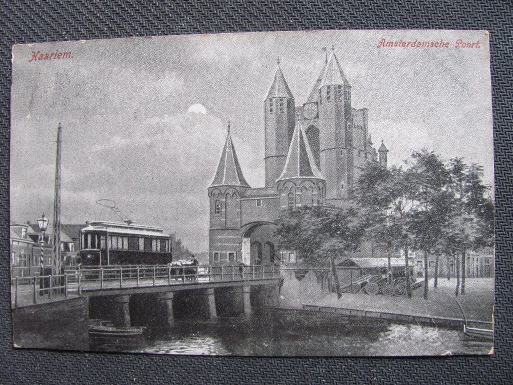Haarlem 1906 Amsterdamsche Poort met tram avondbeeld, Ophalen of Verzenden, Voor 1920, Gelopen, Noord-Holland