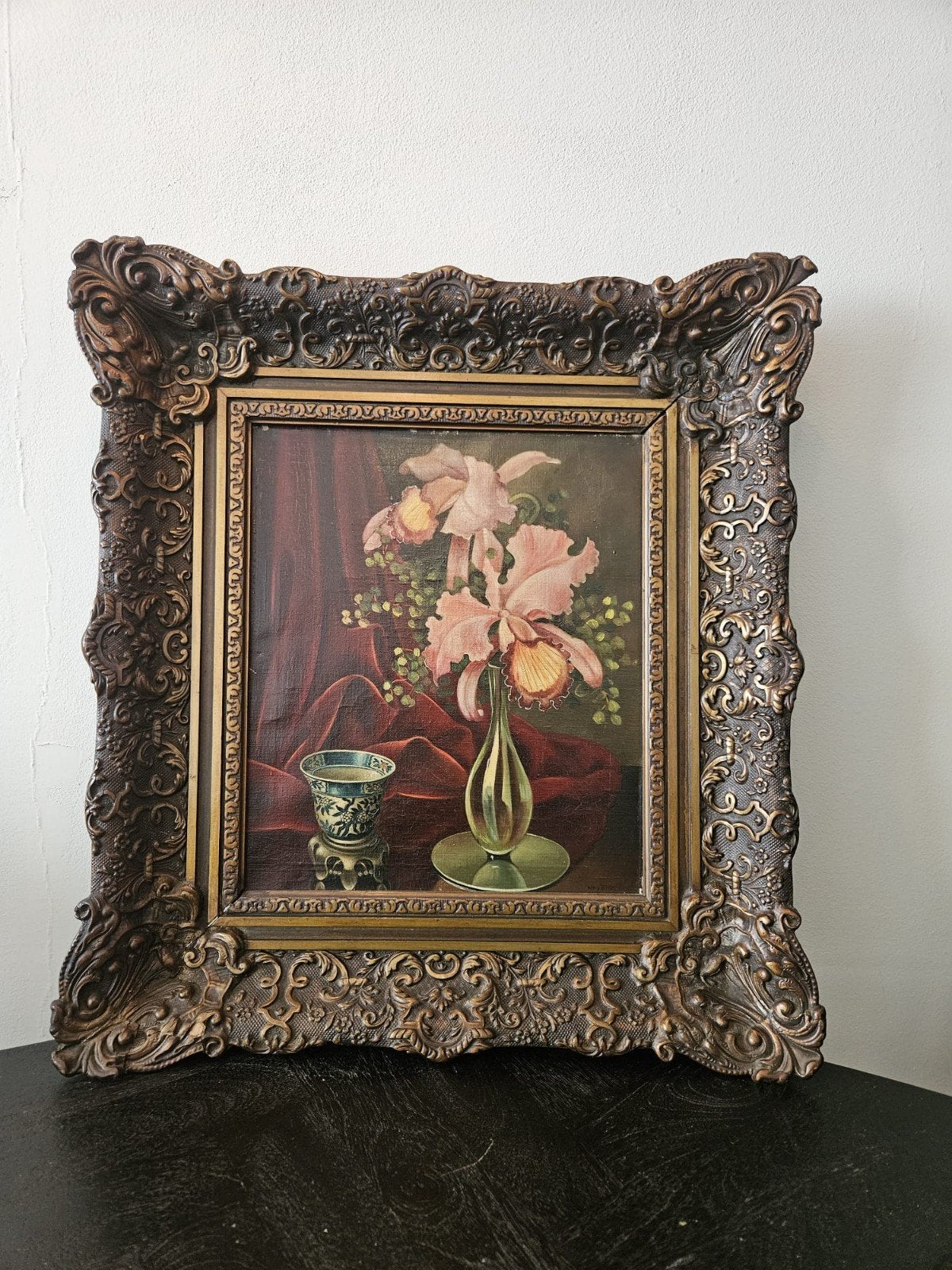 Schilderij met orchideeën in sierlijke lijst, Antiek en Kunst, Ophalen