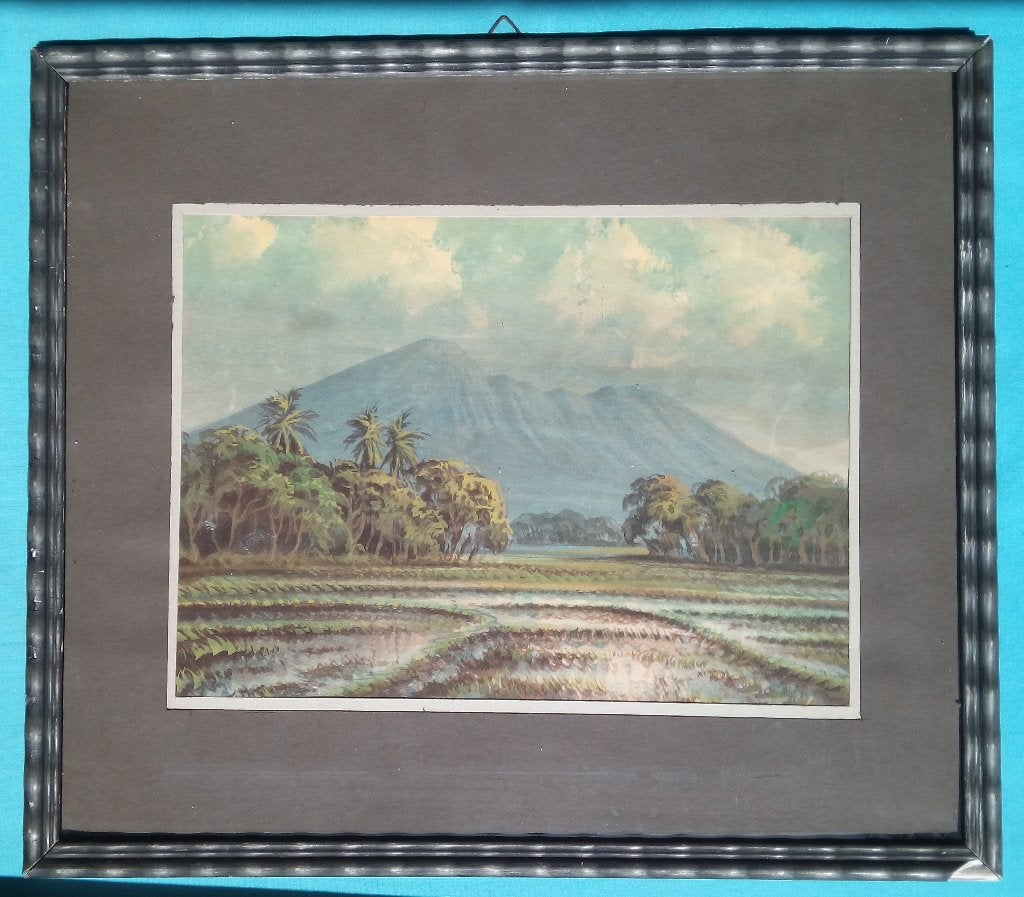1920s AQUAREL NED INDIË RIJSTVELDEN BERGEN MOOI INDIË STIJL, Antiek en Kunst, Verzenden