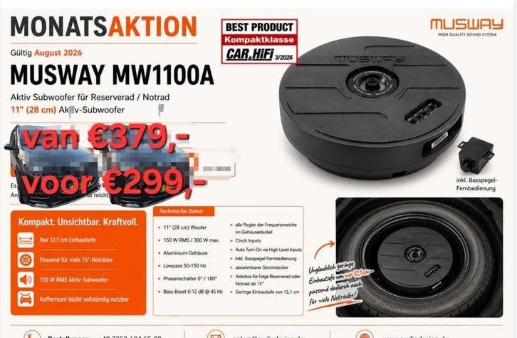 Musway MW1100A actieve reservewiel subwoofer 150W RMS, Niet ingevuld, Niet ingevuld, Nieuw, Ophalen of Verzenden