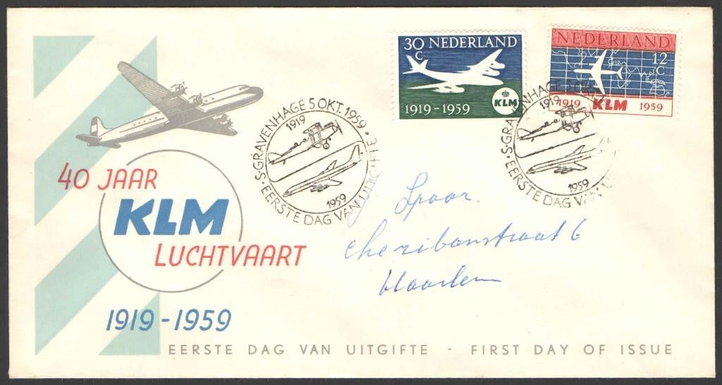 Nederland FDC E40 Met adres, KLM 40 jaar 1959, Postzegels en Munten, Ophalen of Verzenden, Beschreven, Nederland