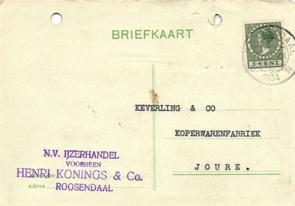 voorheen Henri Konings + Co., Roosendaal - 09.1934 - briefka, Postzegels en Munten, Ophalen of Verzenden, Briefkaart