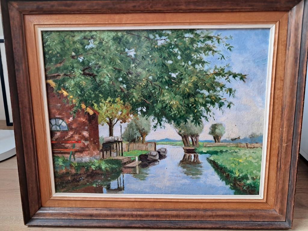 Hollandse school polderlandschap doek 35 x 45 cm, Antiek en Kunst, Ophalen of Verzenden
