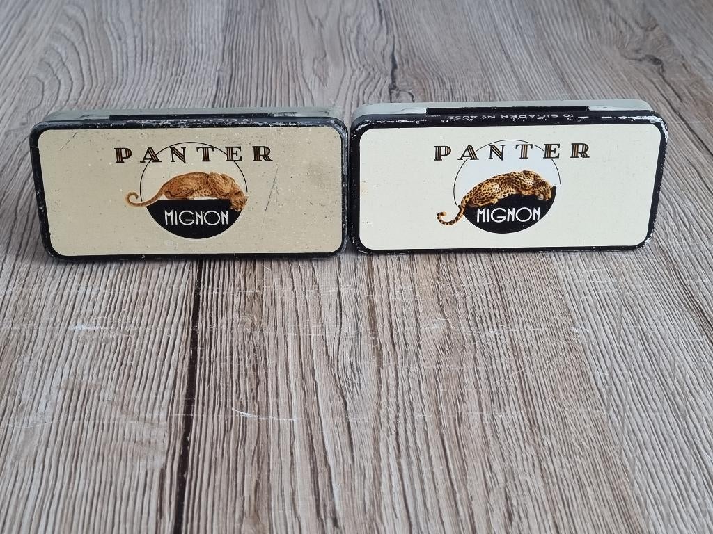 2 Vintage Sigaren Blikjes van Panter Mignon H J van Schuppen, Verzamelen, Blikken, Verzenden, Gebruikt, Overige, Overige merken