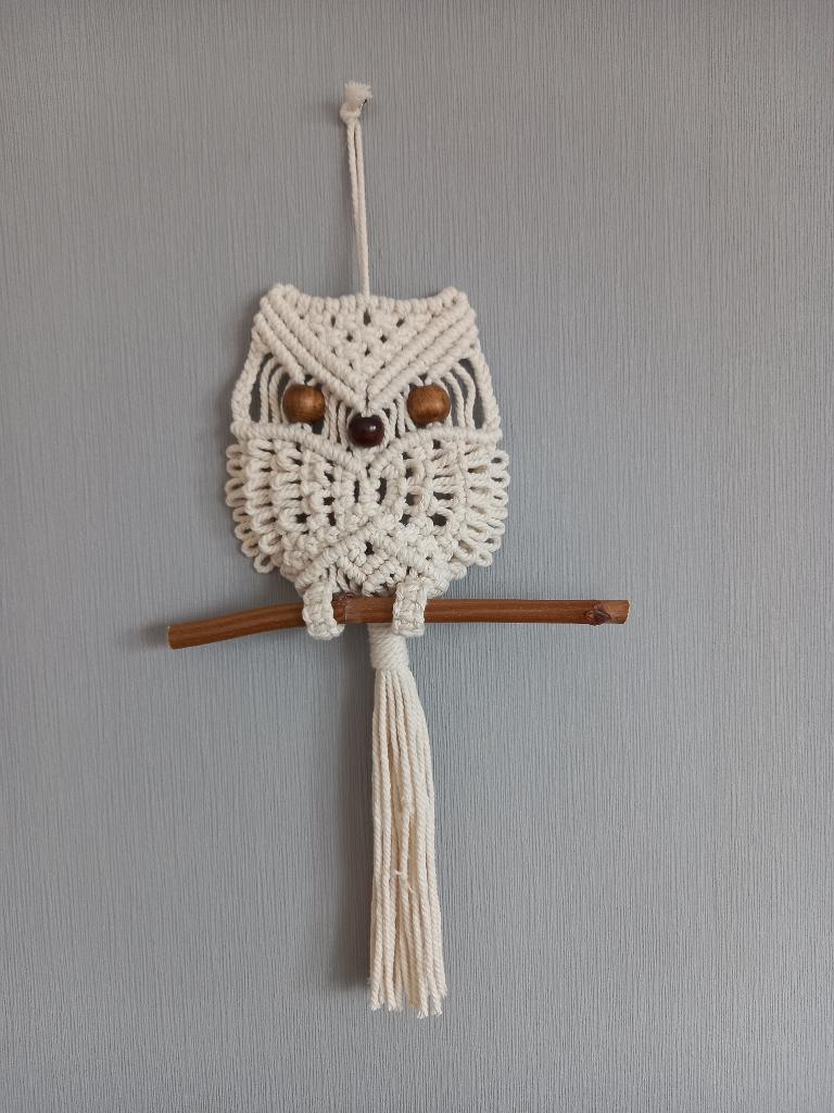 Macramé uil 2, Huis en Inrichting, Woonaccessoires | Wanddecoraties, Nieuw, Wandhanger, Boho, Wit, Textiel, Handgemaakt, Ophalen