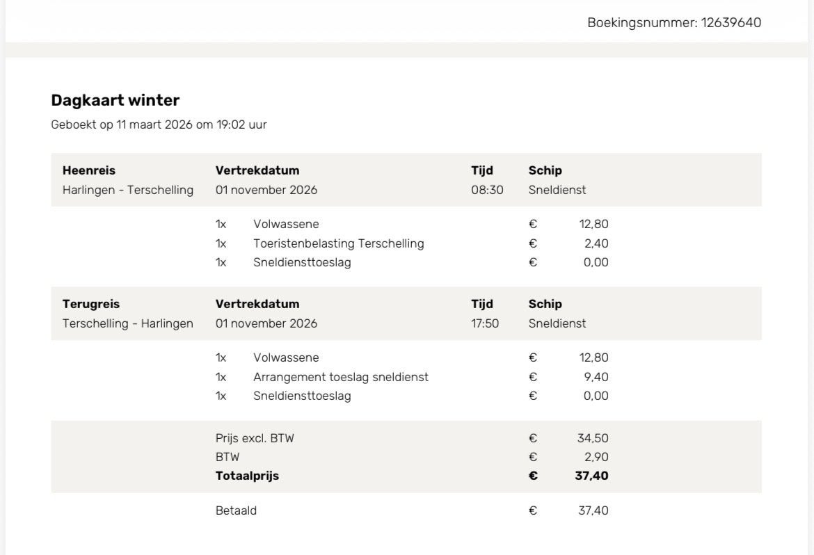 Retourticket Terschelling Berenloop, Eén persoon