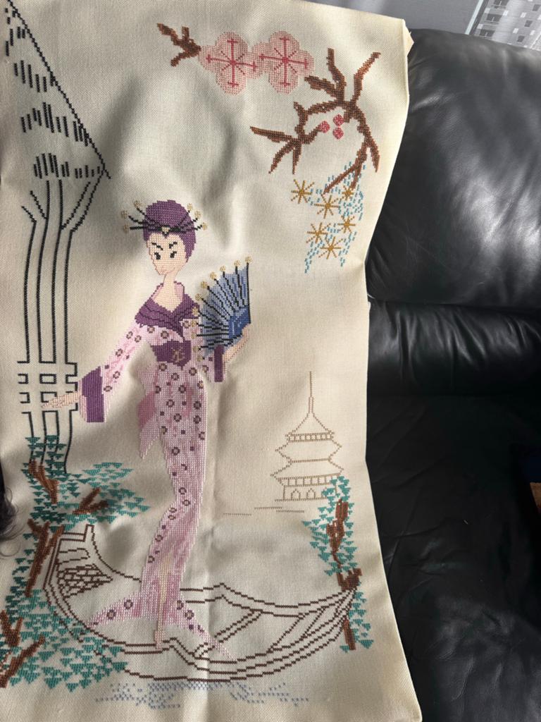 Borduurwerk Japanse Geisha 90x55 cm, Ophalen of Verzenden, Gebruikt, Handborduren, Borduurpakket