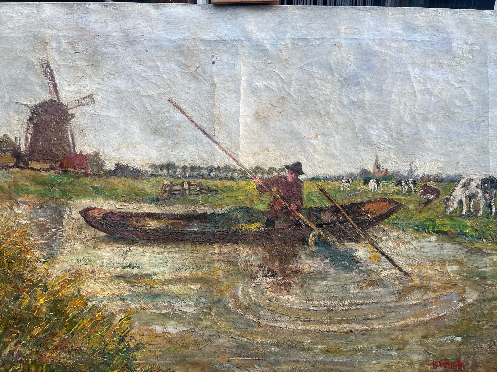 Piet van den Bergh (Den Haag) - Hollands Landschap met Molen, Doek, Realistisch, Ophalen of Verzenden, Gesigneerd