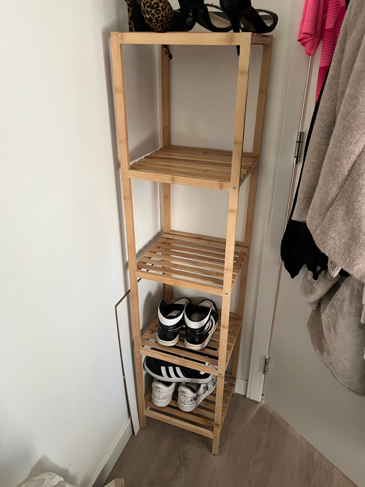 Praktische bamboe badkamerkast met 5 planken, Ophalen, (Half)hoge kast, Minder dan 50 cm, Gebruikt