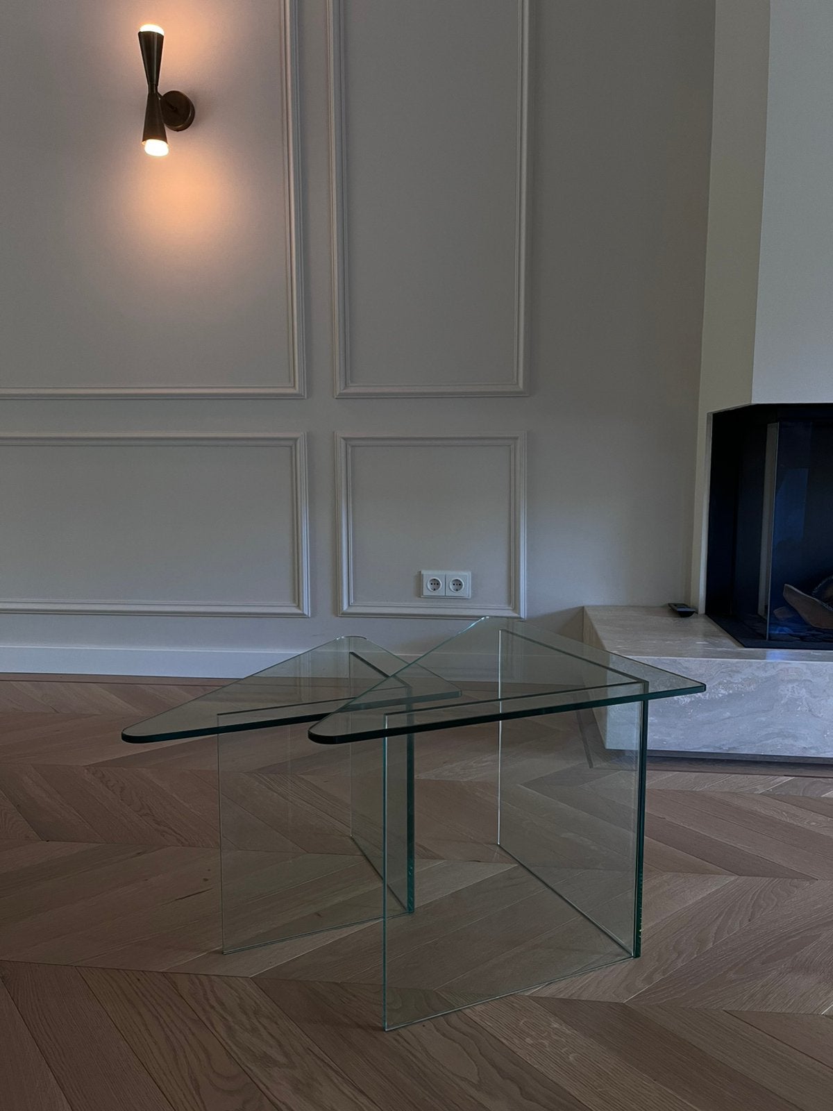 Design glazen bijzettafels salontafel set van 2 jaren 80 90, Huis en Inrichting, Tafels | Salontafels, Ophalen, 50 tot 100 cm
