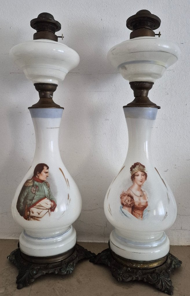 opaline glazen napoleon josephine portret olielampen, Ophalen of Verzenden