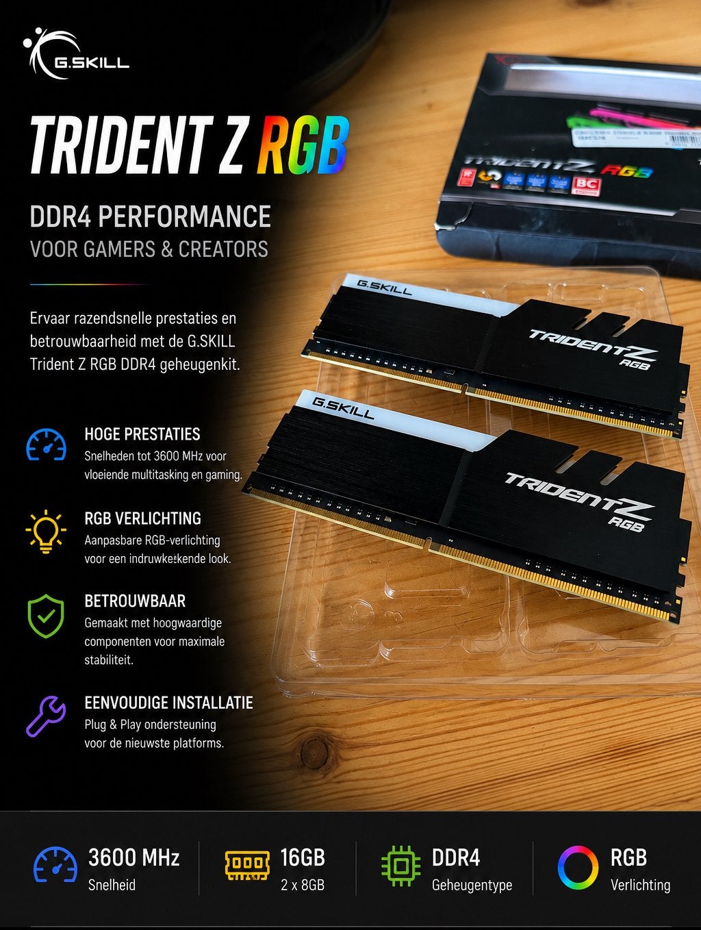 G.SKILL Trident Z RGB DDR4 16GB 3600MHz (2x8GB), Computers en Software, RAM geheugen, DDR4, Nieuw, Ophalen of Verzenden, Desktop