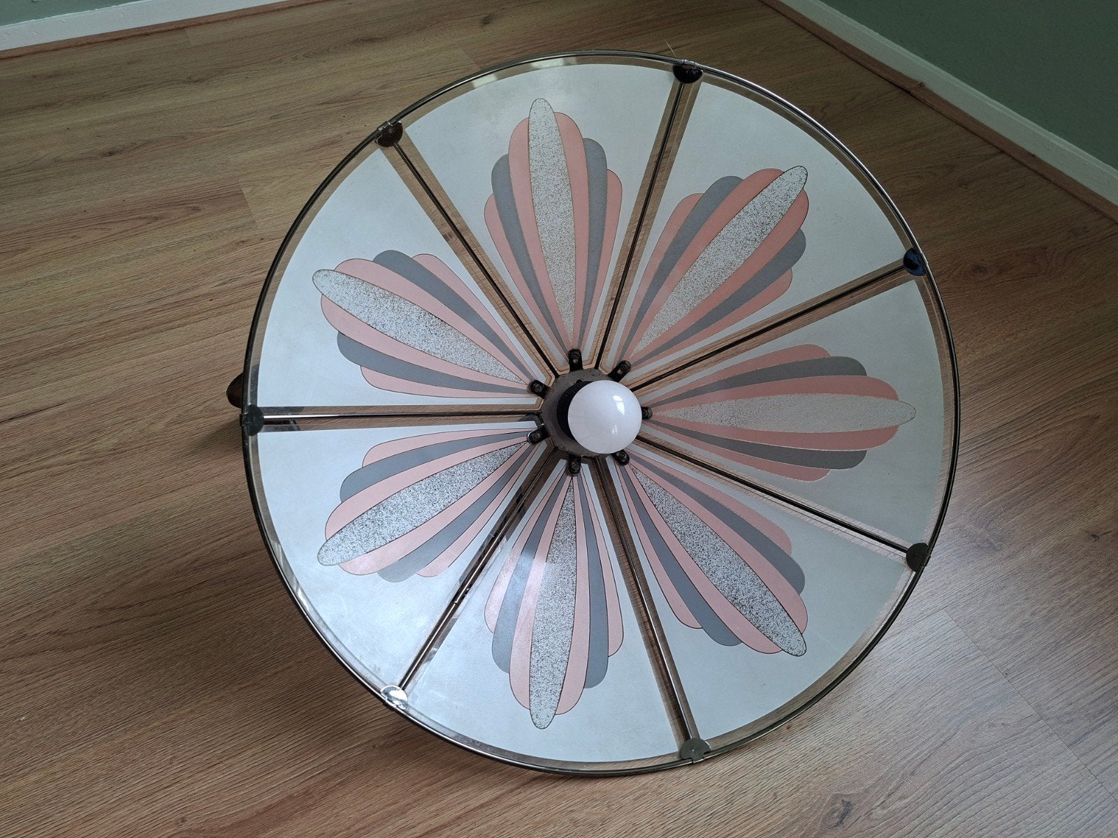 Vintage Plafondlamp met Roze en Grijze Patronen, Ophalen, Gebruikt, Glas, E27 (groot)