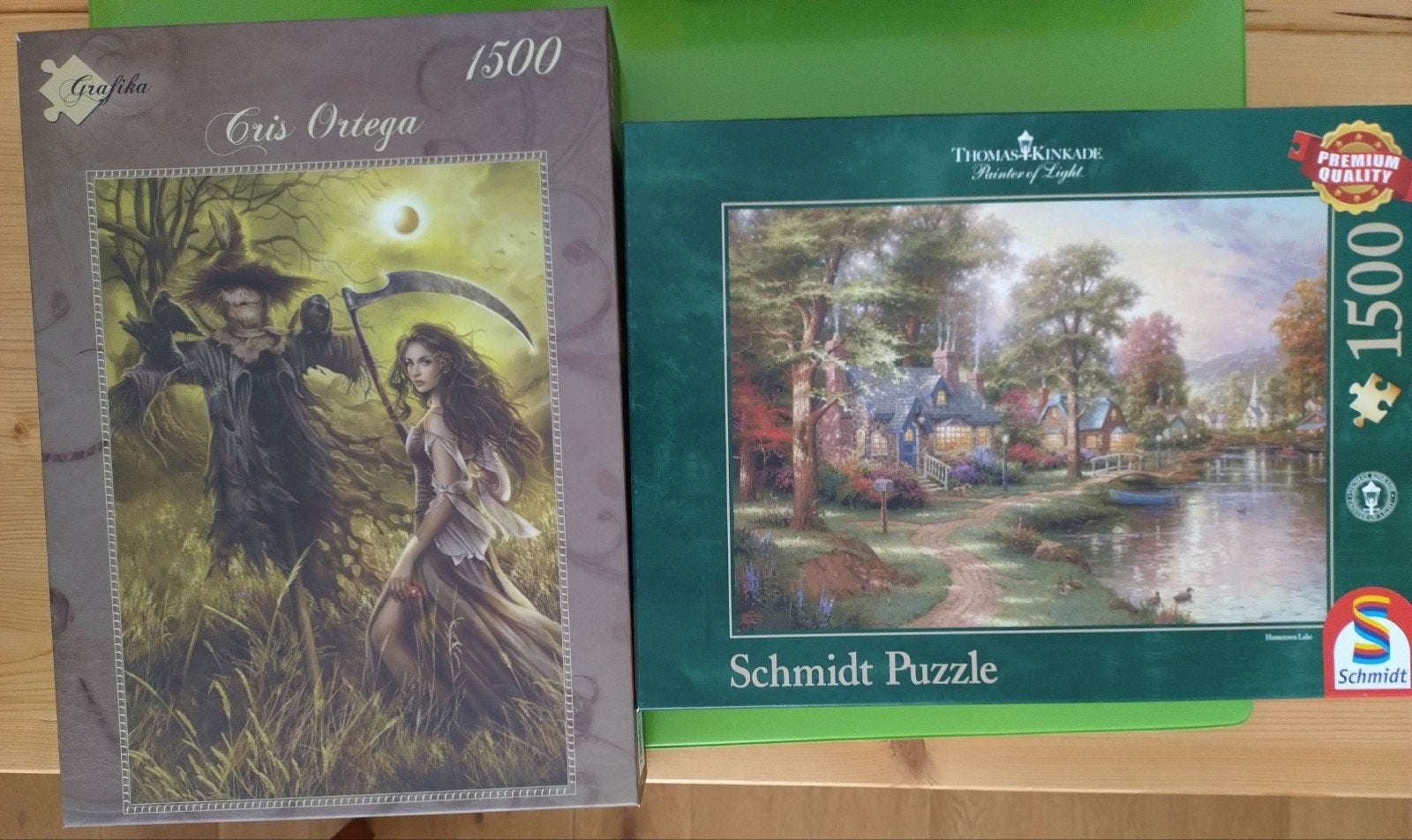 Twee legpuzzels, elk 1500 stukjes, Kinkade en Ortega, Ophalen of Verzenden, 500 t/m 1500 stukjes, Zo goed als nieuw