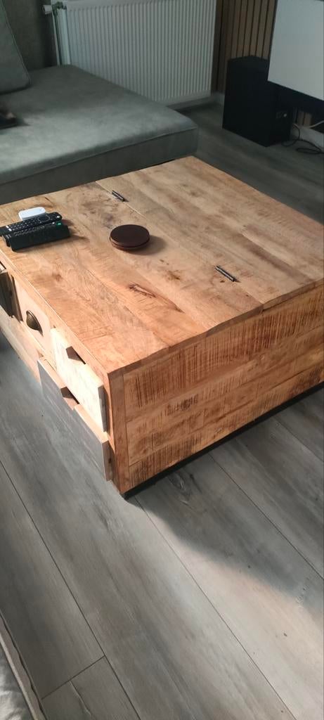 Vierkante mangohouten salontafel met 5 lades en opbergkist, Ophalen, 50 tot 100 cm, Vierkant, 50 tot 100 cm
