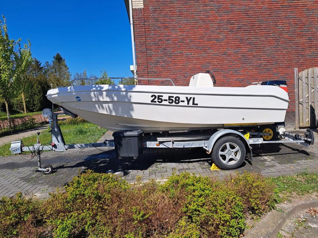 Saver Open 450 met 50 pk Yamaha 2-takt en Pega trailer, Ophalen, Gebruikt, 50 pk of meer, Snelvarend