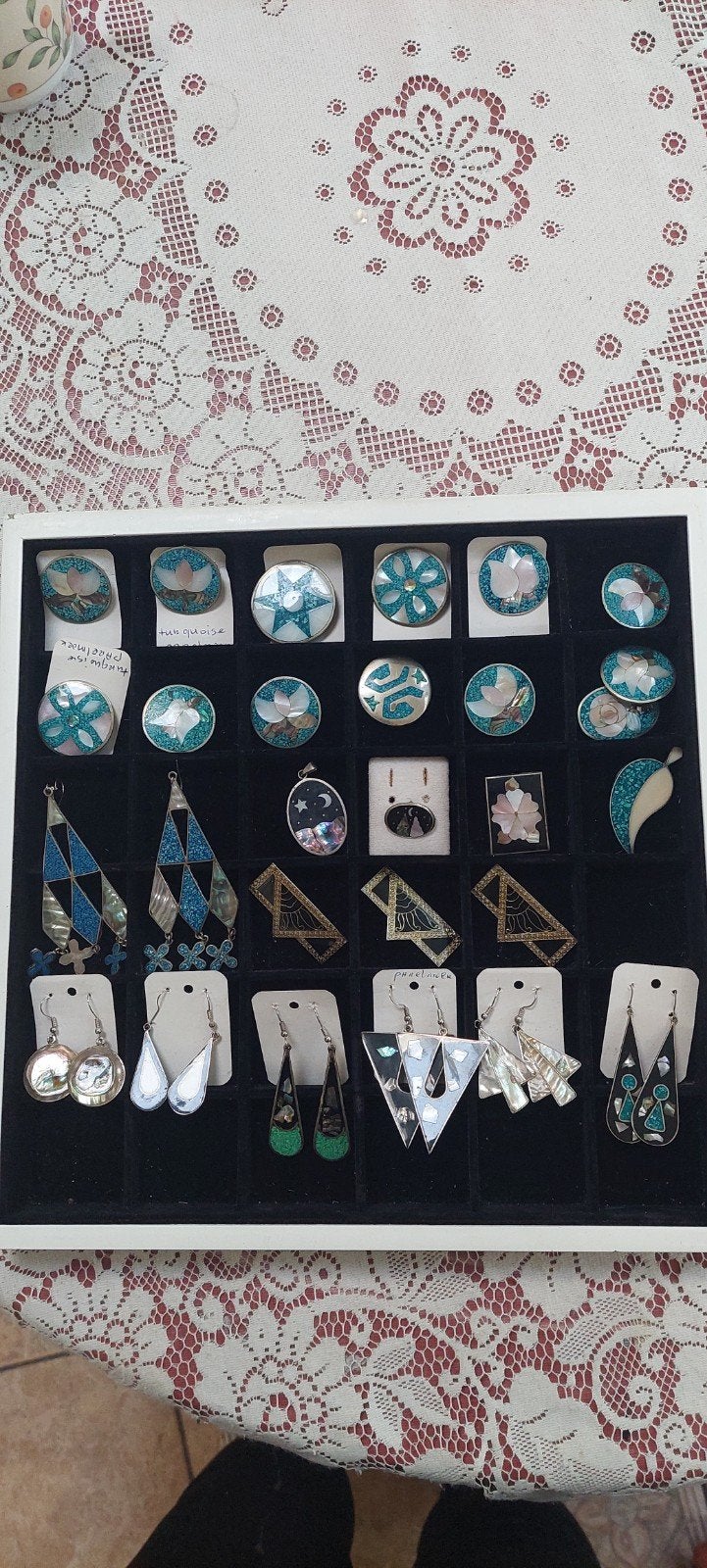 Diverse handgemaakte sieraden met inlegwerk, Overige materialen, Blauw, Ophalen of Verzenden, Hangers