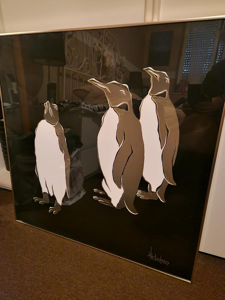 Uniek kunstwerk: Pinguïns op zwart, gesigneerd, Ophalen of Verzenden