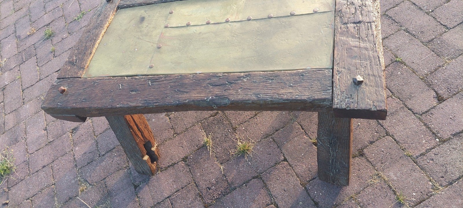 Zeldzaam brutalist salontafel eiken messing koper smeedijzer, Ophalen