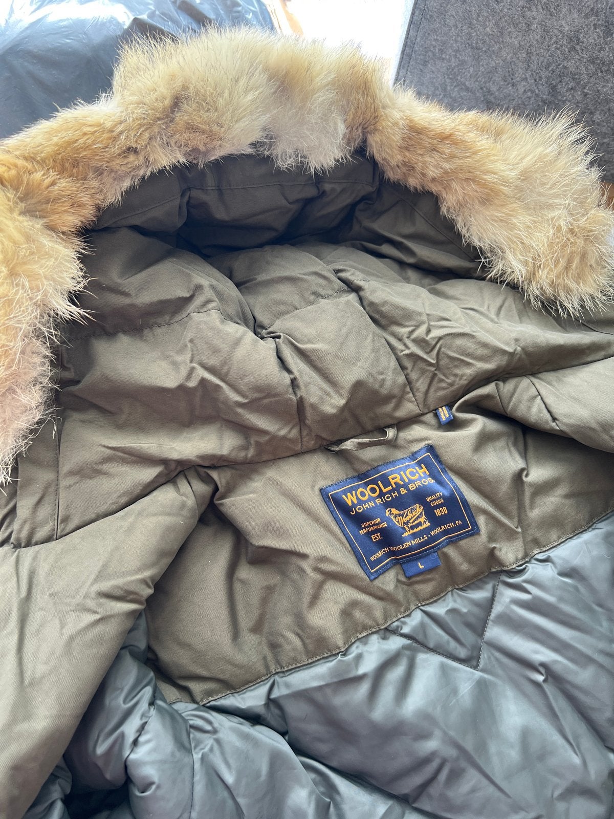 Woolrich John Rich & Bros. Winterjas met bontkraag, Ophalen, Gedragen, Maat 42/44 (L), Groen