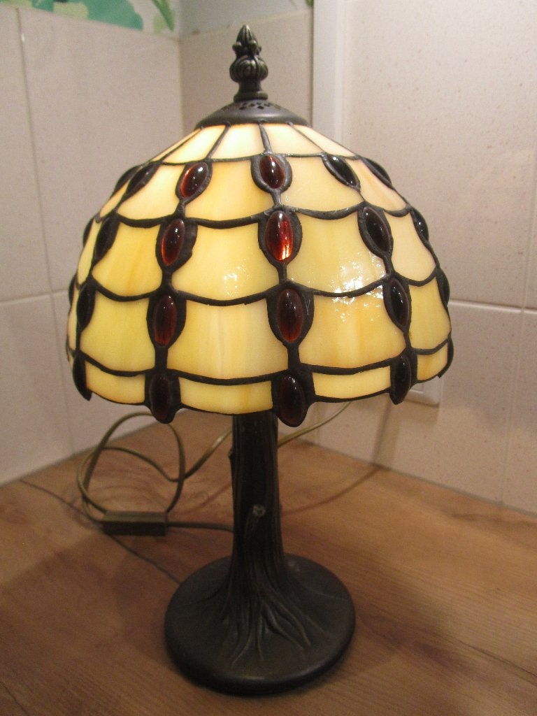 Tiffany tafellamp beige met bruine kattenogen, Beige, Ophalen of Verzenden, Zo goed als nieuw, Tiffany lamp
