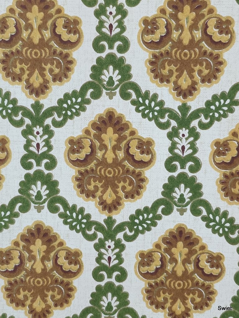 5712 Vintage barok behang oker groen klassiek retro swiet, Ophalen of Verzenden, Groen