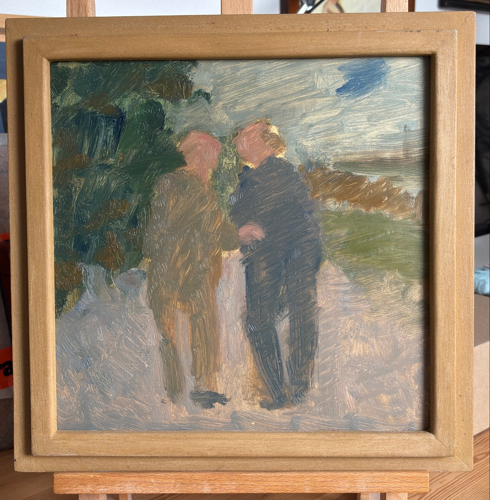 Cor Dik: Olieverf op karton: Twee Mannen op Pad (33x33cm), Antiek en Kunst, Kunst | Schilderijen | Klassiek, Ophalen, Paneel, Portret of Personen