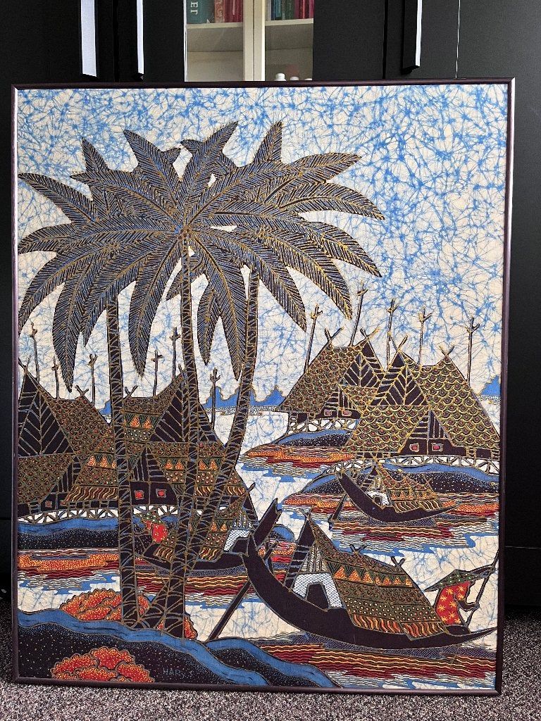 Batik handgemaakte schilderij met lijst, Antiek en Kunst, Ophalen, Goud, Ingelijst, Indonesië