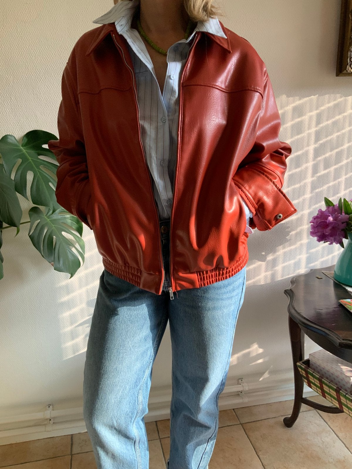 ZARA trendy rood leerlook dames bomberjack maat S., Ophalen of Verzenden, Zo goed als nieuw
