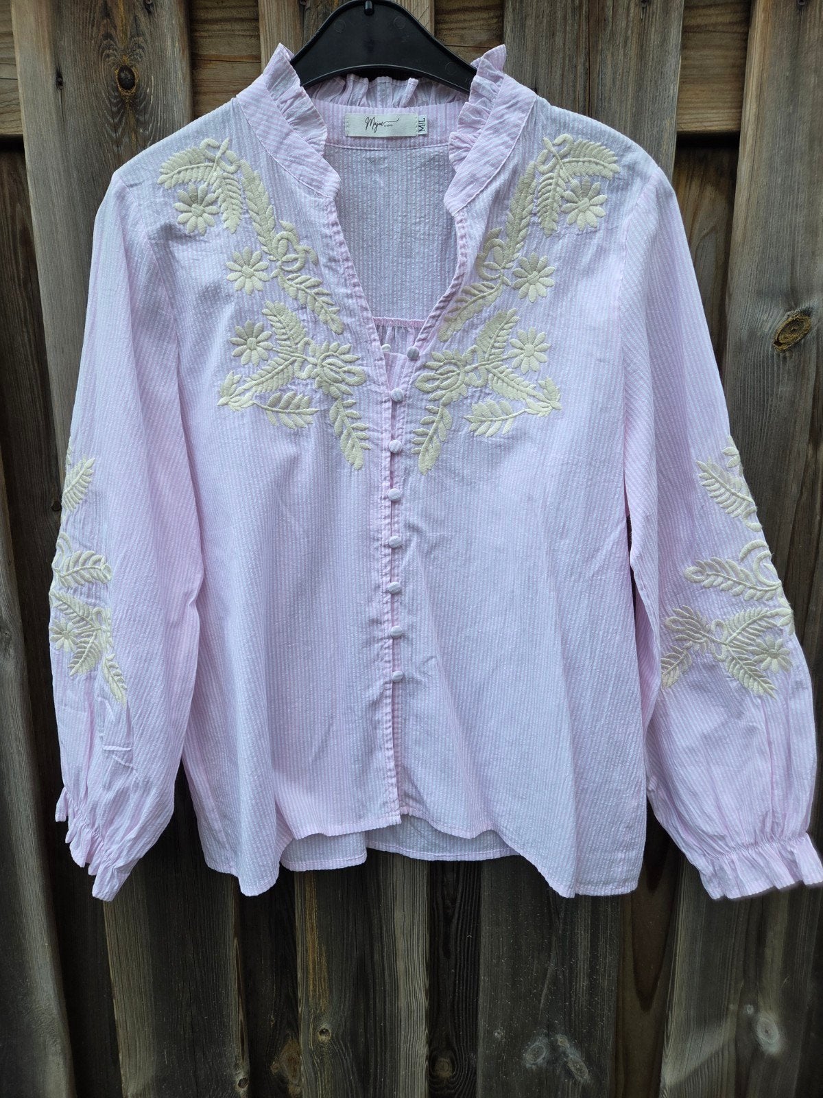roze/wit gestreepte blouse met borduursel maat M/L, Ophalen of Verzenden, Zo goed als nieuw, Maat 38/40 (M), Roze