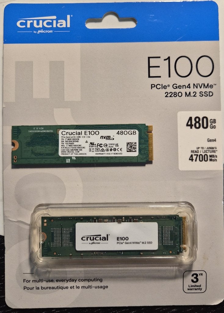 Crucial E100 | 480GB NVMe SSD | M.2 Gen4 2280, Intern, SSD, Nieuw, Crucial