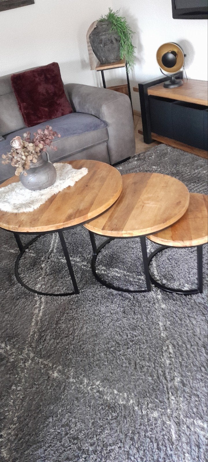 Industriële mango salontafels., 50 tot 100 cm, Rond, Zo goed als nieuw, 50 tot 100 cm