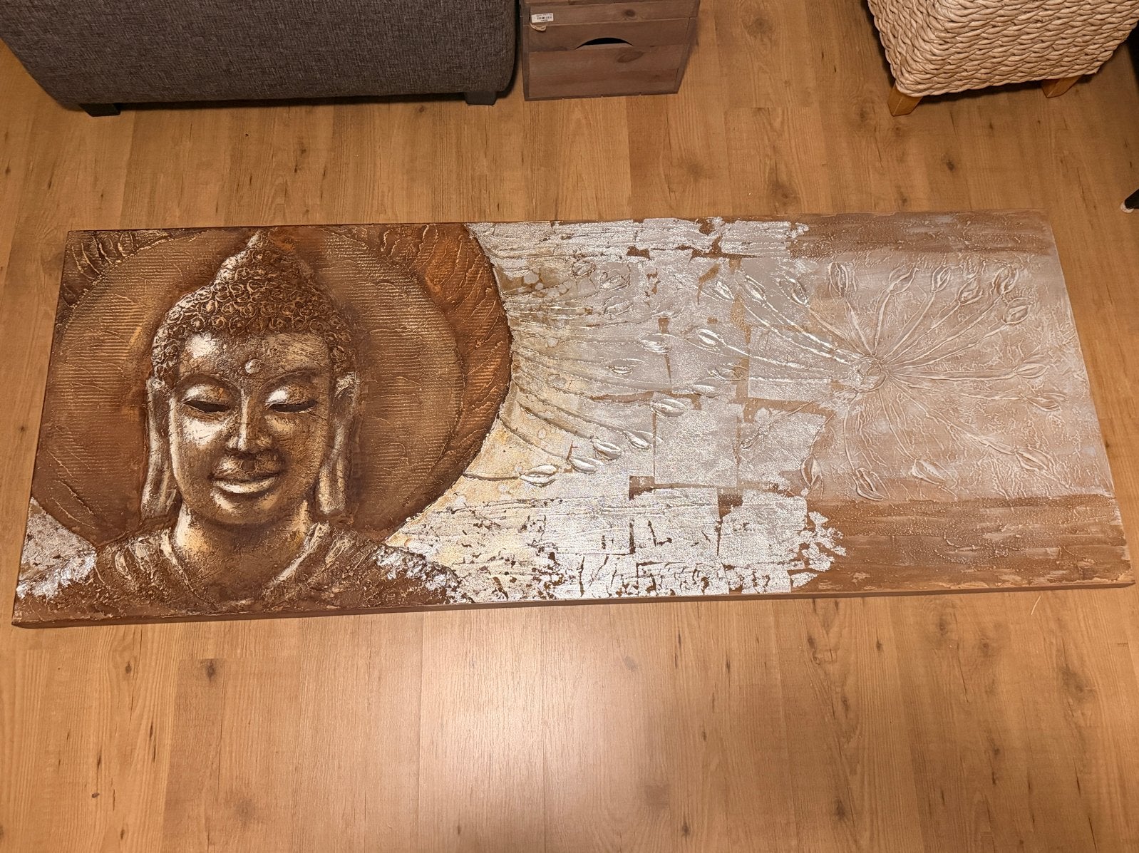 Prachtig 3D Boeddha schilderij, zilver brons - 1.80m lang, Huis en Inrichting, Woonaccessoires | Schilderijen, Tekeningen en Foto's