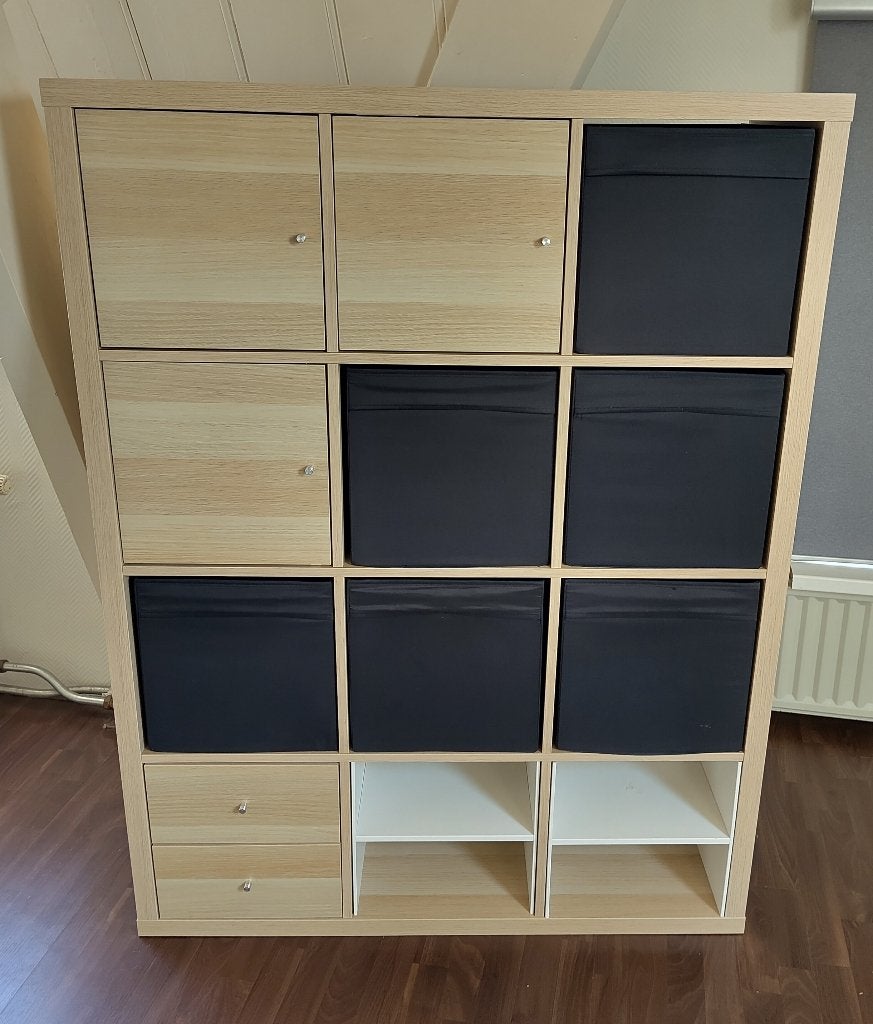 KALLAX open kast met inzetstukken wit gelazuurd eikeneffect, Ophalen, Overige materialen, 100 tot 150 cm, Scandinavisch