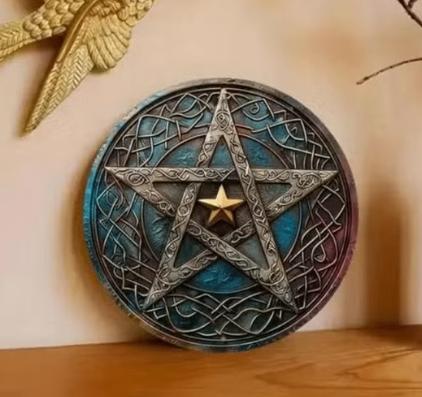 Vintage rond metalen bord Magisch Pentagram (20cm)