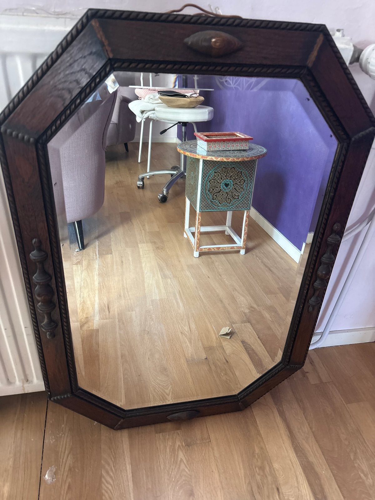 Antieke spiegel met geslepen glas en houten lijst, Ophalen, Overige vormen, 50 tot 100 cm, 100 tot 150 cm