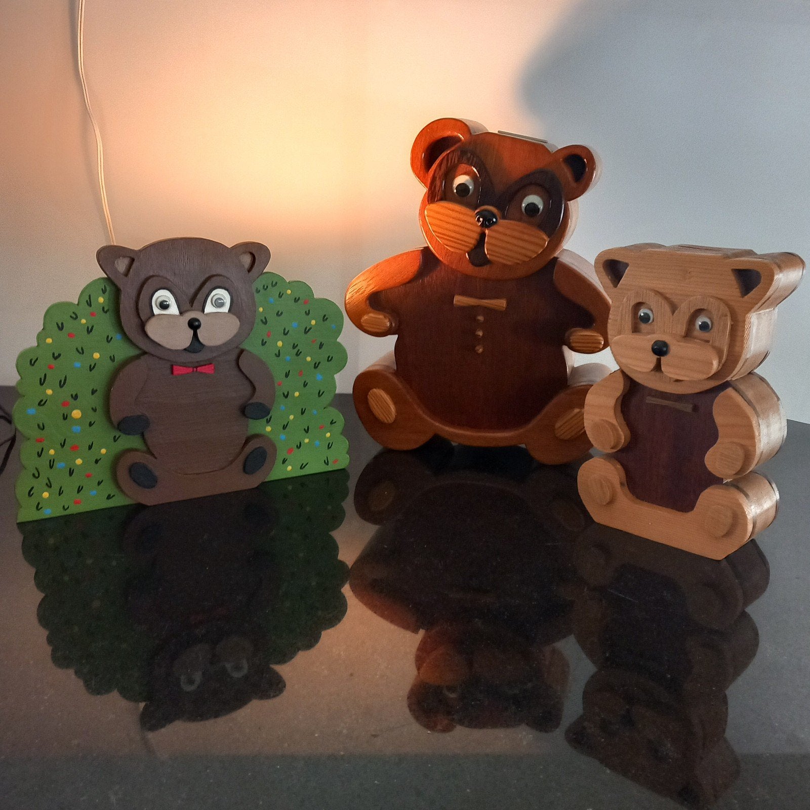 Vintage houten kinderlamp beer & 2 houten beren  spaarpot, Ophalen of Verzenden, Gebruikt, Overige typen