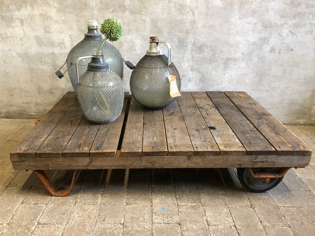 Vintage industriele palletwagen | palletkar | tafel wielen, Gebruikt, 100 tot 150 cm, Vintage, 50 tot 100 cm