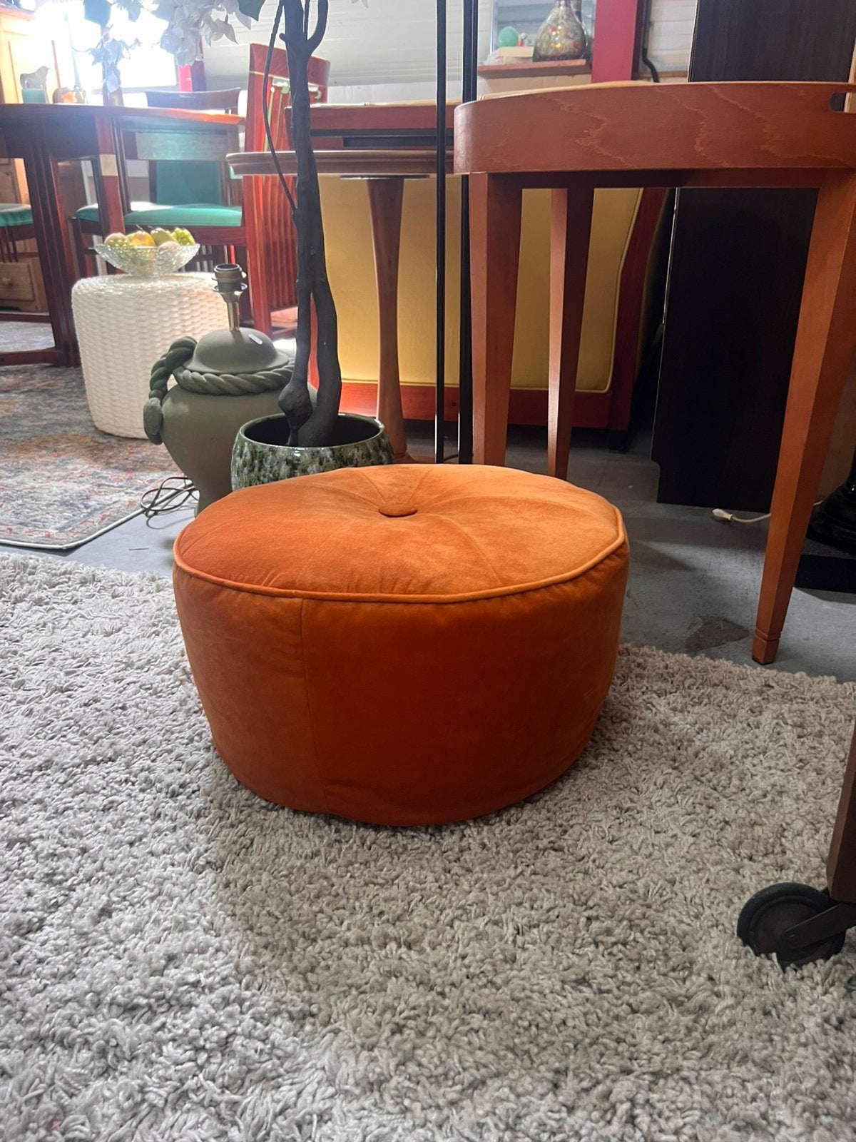 Oranje Fluwelen Poef 'CAMILLE' - Ø45x22cm, D, Minder dan 50 cm, Rond, Ophalen of Verzenden