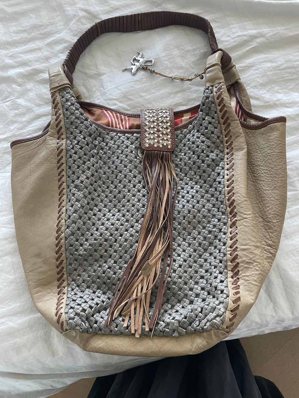 Anokhi Leren Schoudertas met Gevlochten Details, Ophalen of Verzenden, Gebruikt, Beige, Schoudertasje